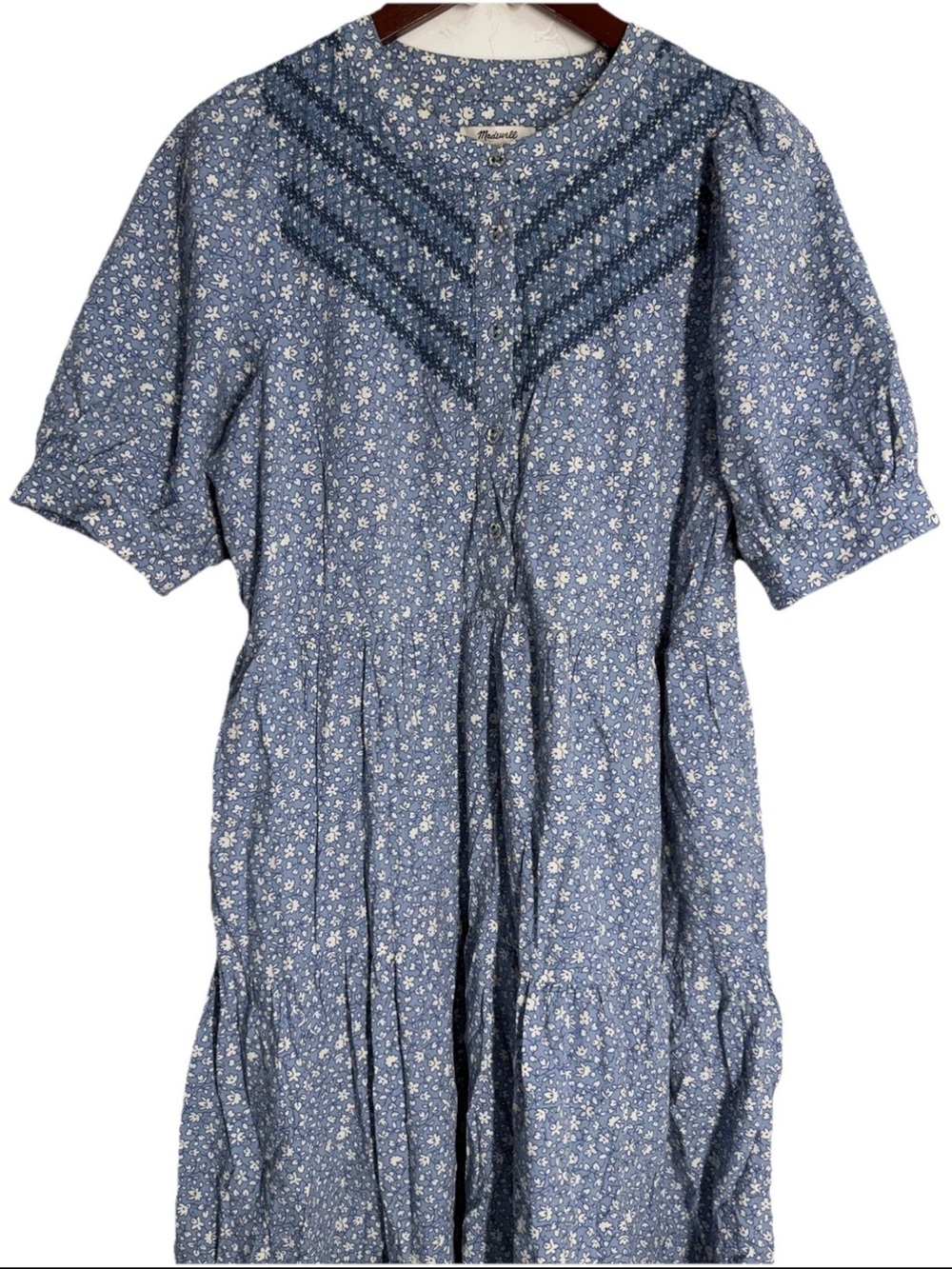 Madewell Midi Dress Embroidered Puff Sleeve Blue Ruffled M Cottage NH076 - Picture 8 of 15